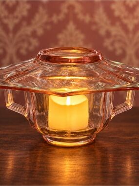 Vintage Imperial Pink Depression Glass Sugar Bowl & Plate UV Reactive Fairy Lamp